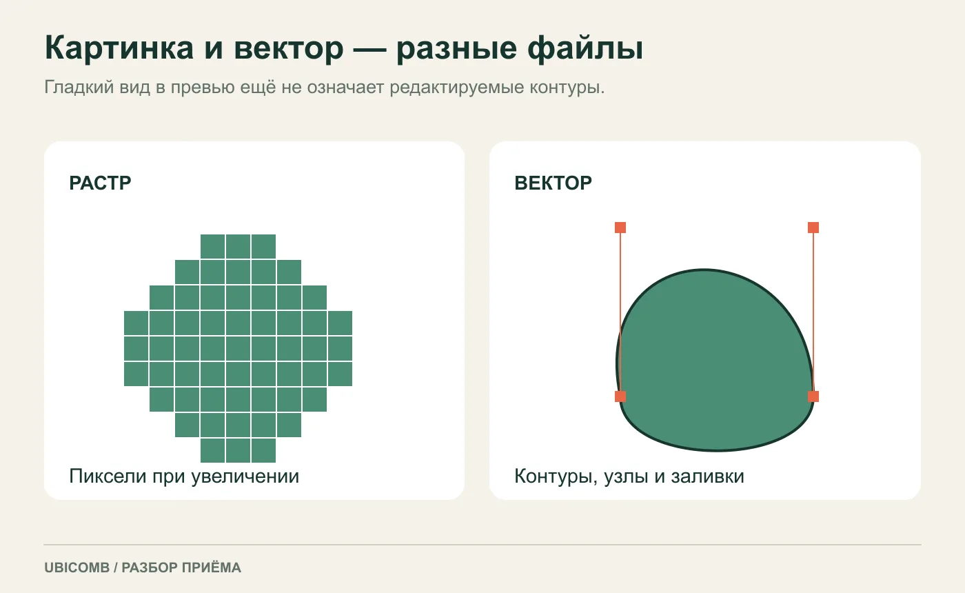 Растр состоит из пикселей. Векторный файл хранит контуры, узлы и заливки.